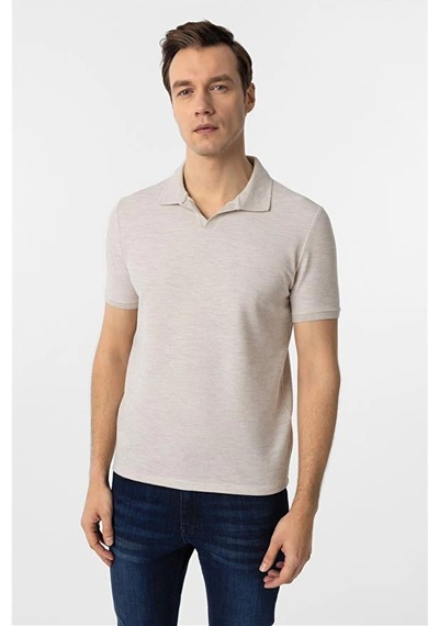 Süvari Regular Waffle Kumaş V Patlı Polo Yaka Nefes Alabilen T-shirt Bej