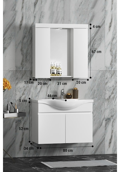 Yıldız Asma 80 Cm Beyaz Mdf Lavabolu Asma Banyo Dolabı Takımı Beyaz