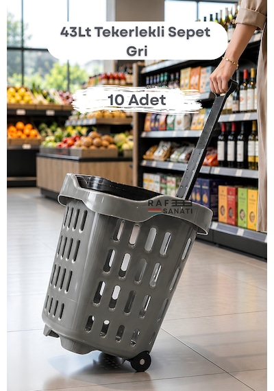 10 Adet - 43 Lt Tekerlekli Market Sepeti Plastik Alışveriş Sepeti Ergonomik Çift Saplı Gri