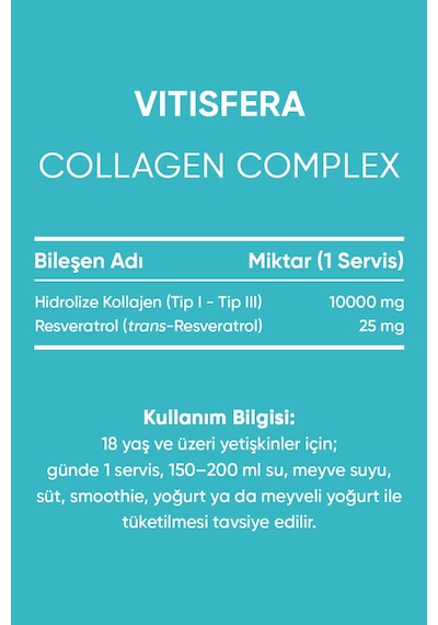 Vitisfera Collagen Complex- %100 Saf, Doğal Tip I-ııı Çift Hidrolize Kolajen Peptitleri + Trans Resveratrol İçeren Gıda Takviyesi Nötr Tat, Şekersiz