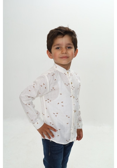 Toontoy Kids Toontoy Erkek Çocuk Regular Fit Hakim Yaka Uzun Kollu Keten Görünümlü Gömlek - Animal Desenli Ekru