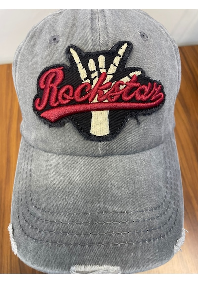 Rockstar Nakışlı Yıkamalı Eskitme Vintage Cap Şapka Gri