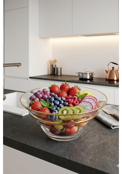 Velora Altın Yaldızlı Büyük Cam Meyvelik 29 Cm 2 Litre Şeffaf