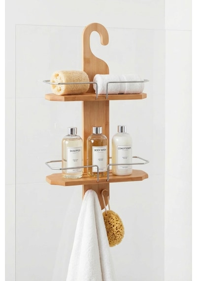 Makri Home Bambu Banyo Düzenleyici Organizer Banyo Köşeliği, Şampuanlık Bej