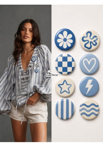 8 Li Set-7 Mavi Beyaz Rozet Seti Çiçek Kalp Yıldız Dama Dalga Desenli Broş Pin Çok Renkli