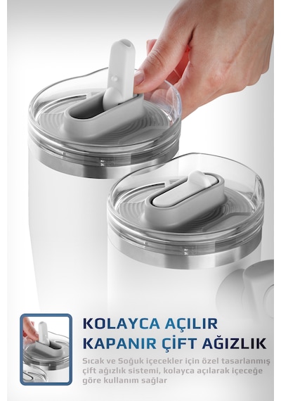Fika Lumi Patentli Döner Kulplu Sızdırmaz Çift Ağızlıklı Çelik Termos 950 Ml Beyaz