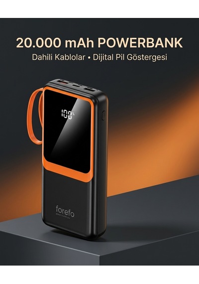 Telefon Ve Mobil Cihaz Uyumlu 20000 Mah Powerbank Dahili Kablolu Dijital Göstergeli - Lisinya Siyah
