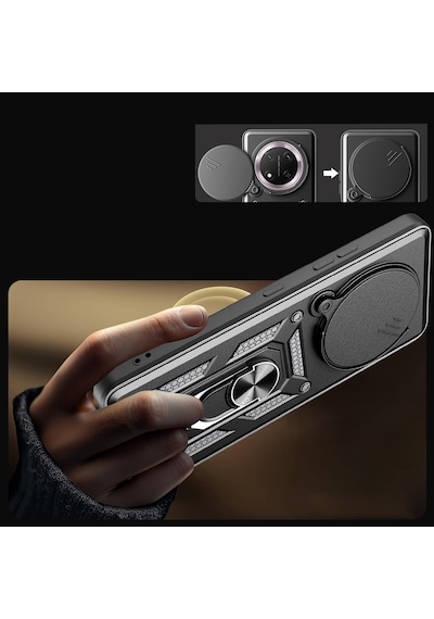 Honor Magic 7 Lite Kılıf Magnetik Standlı Kamera Korumalı Zore Sürgülü Vega Kapak Siyah