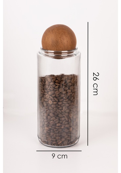 3 Lü Ahşap Top Kapaklı Dekoratif Çay, Kahve, Şeker, Tuz Saklama Kavanozu 1500 Ml Cam Şeffaf