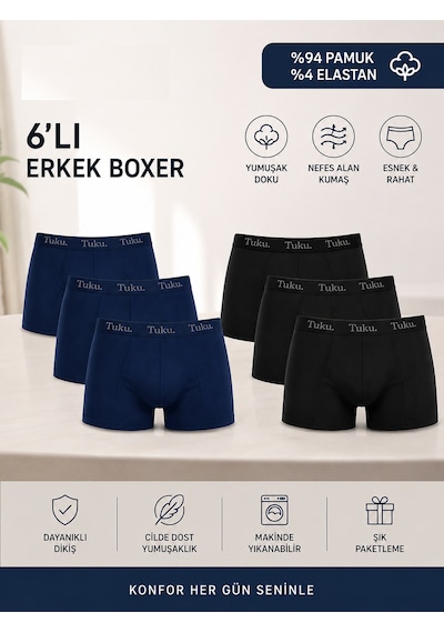 Tutku 0114 Erkek Likralı Boxer 6'lı Paket Siyah - Lacivert Tutku 0114 Erkek Likralı Boxer 6'lı Paket Siyah - Lacivert