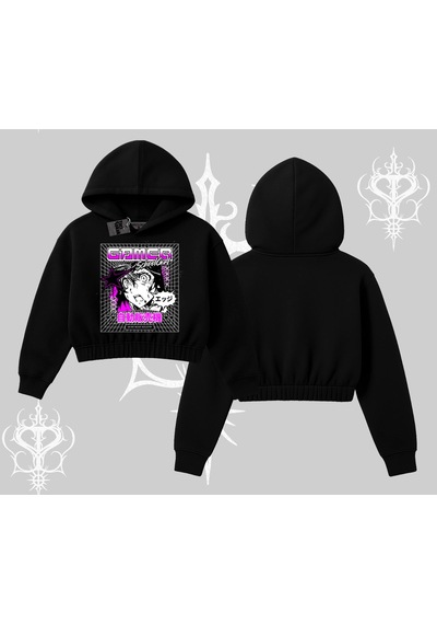 Startmore Kapşonlu Crop Sweatshirt Games Schoolgirl Anime Baskılı Siyah