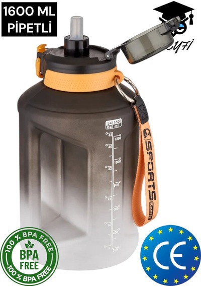 1600 Ml Çift Renk Pipetli Taşıma Askılı Ve Kulplu Motivasyon Su Matarası Vagonlife 2307 001