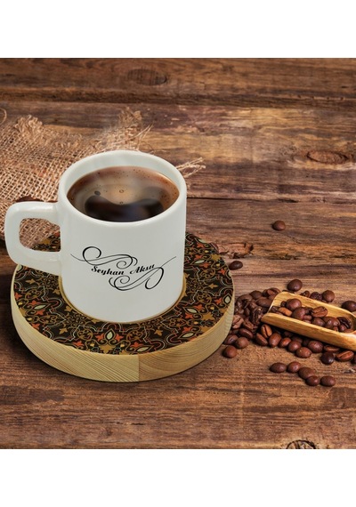 Kişiye Özel Retro Motif Tasarımlı Doğal Ahşap Tabaklı Türk Kahvesi Fincanı Model 12