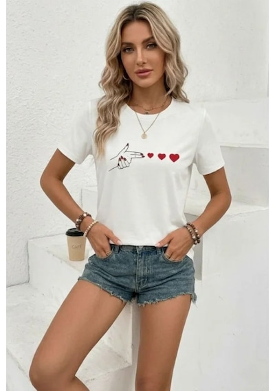 Efnaz Style Minimal Kalp İşaret Baskılı Tişört Kısa Kol Yazlık T-shirt - Beyaz