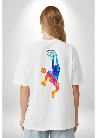 Smaç Basketbol Renkli Beyaz Oversize Unisex Ön Ve Sırt Baskılı Tişört Beyaz