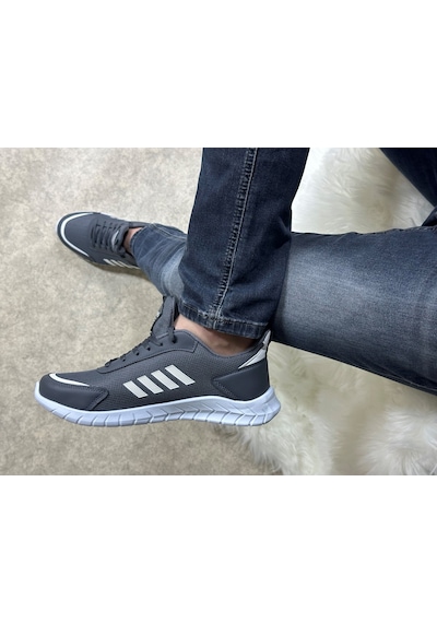 Günlük Erkek Sneaker Fileli Bağcıklı Rahat Esnek Dikiş Detaylı Yürüyüş Spor Ayakkabı 1453 Füme Beyaz