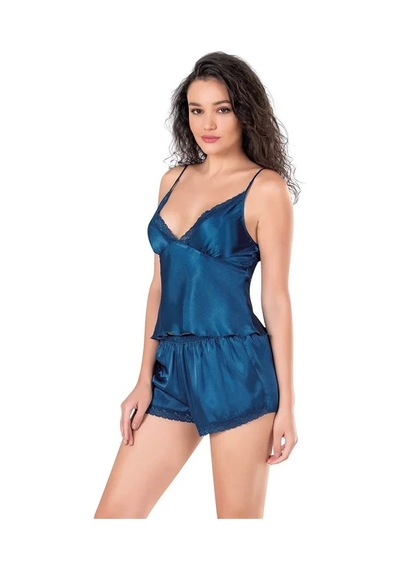 Ang Butik Kadın Petrol Mavi Saten Babydoll Şort Takımı
