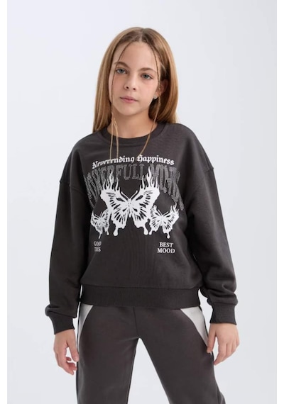 Defacto Oversize Geniş Kalıp Bisiklet Yaka Baskılı Sweatshirt Kız Çocuk D4386A824WN Antrasit