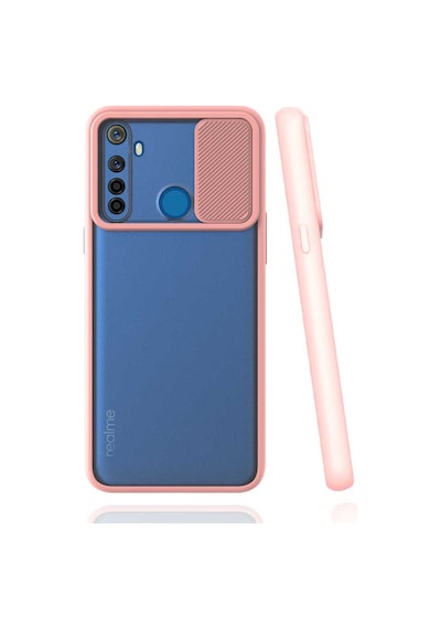 Kilifone - Realme Uyumlu 5i - Kılıf Slayt Sürgülü Arkası Buzlu Lensi Kapak - Pembe Açık
