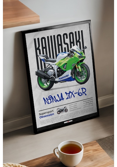 Kawasaki Ninja Zx-6 R Siyah Ahşap Çerçeveli Poster, Dekoratif Motosiklet Duvar Tablosu