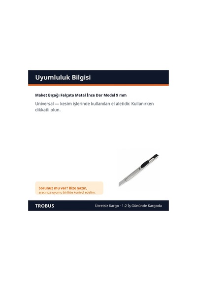 Trobus Maket Bıçağı Falçata Metal İnce Dar Model 9 Mm
