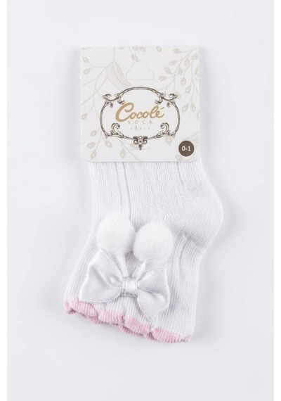 Cocole Socks Kız Çocuk Aksesuarlı Soket Çorabı Tekli Pamuklu Ponponlu Beyaz Desenli
