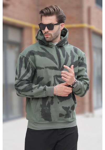 Madmext Haki Kapüşonlu Cep Detaylı Baskılı Erkek Sweatshirt 7087 Haki