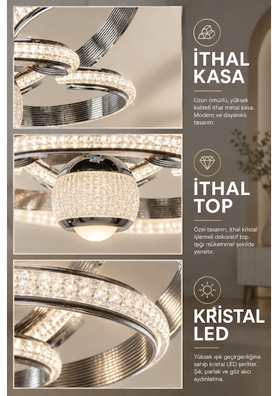 Ransom İthal Seri 3 Renk Kumandalı Saray Led Avize Toplu Kelebekli Gümüş Kasa Salon Ledli Avize Krom