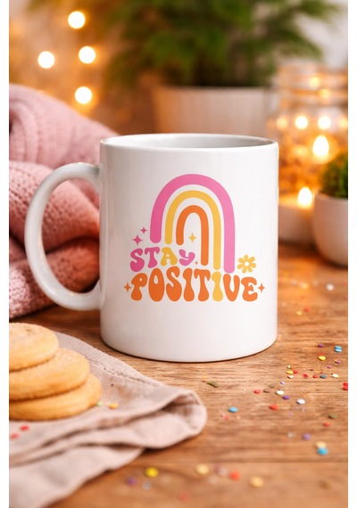 Stay Positive Tasarımlı Porselen Kupa Model 144 Renkli Gökkuşağı Desenli, Motivasyon Veren Kahve & Çay Kupası Hediyelik Kupa