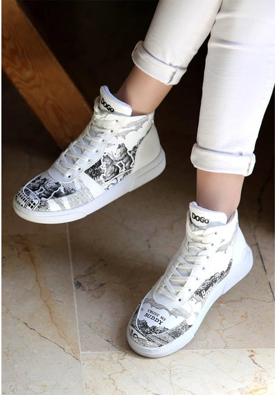 Kadın Vegan Deri Beyaz High Sneakers - Trust Me Buddy Tasarım Çok Renkli