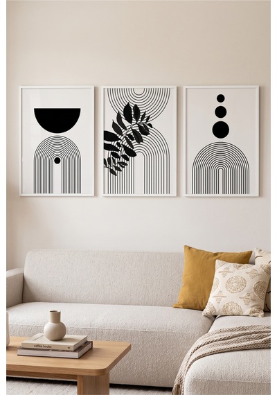Beyaz Ahşap Çerçeveli Minimalist Geometrik 3 Lü Set Siyah Çizgi Duvar Tablosu Beyaz