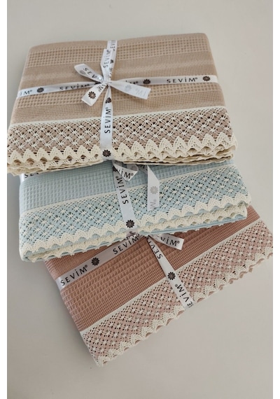%100 Pamuk Çift Kişilik İki Renkli Kopanaki Dantelli Waffle Pike-210x230 Cm-bebe Mavisi Bebe Mavisi