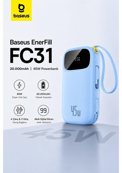 Tr Enerfill Fc31 Dijital Ekranlı Hızlı Şarj Powerbank Dahili Çift Usb-c Kablo 20000mah 45w - Mavi