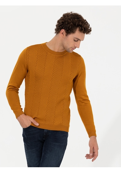 Cacharel Sarı Slim Fit Pamuk Karışımlı Bisiklet Yaka Triko Kazak
