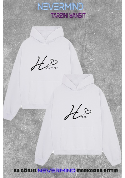 Nevermind Unisex Oversize Hoodie Çift Kombini His & Hers 2'li Sweatshirt Beyaz