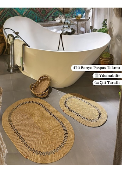 Banyo İçin Moderin Paspas Seti 4'lü Takım Jüt Klozet Önü Hasır Lavoba Önü Paspas Havlu Sepeti Orta Boy Organiz Diğer