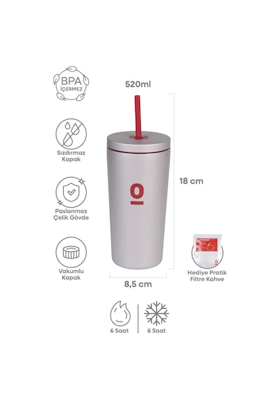 Gri Metal Paslanmaz Çelik Pipetli Termos 520 ML Kapaklı No:94