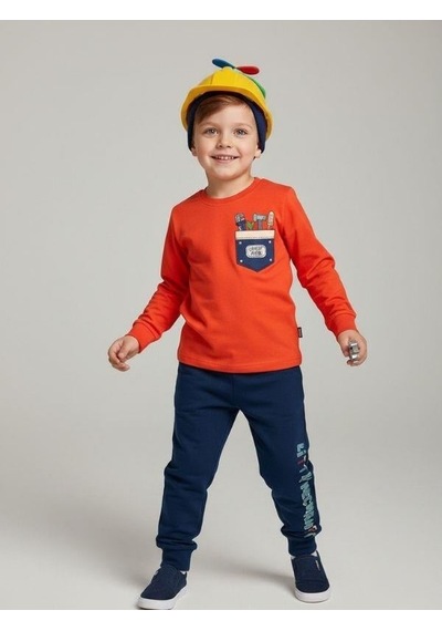 Zekids Erkek Çocuk Pamuklu Baskılı Uzun Kollu Pijama Takımı-16839 Nar