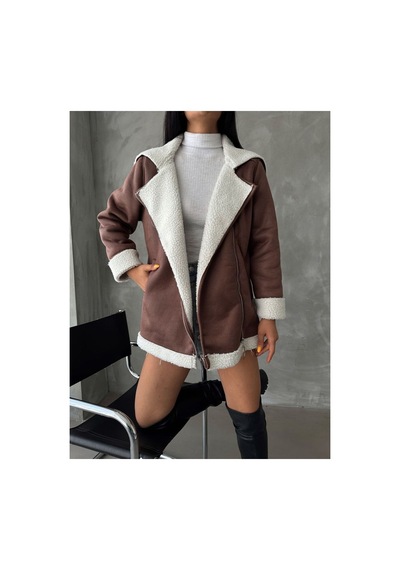 Verymoda Siyah Deri Fermuarlı Yakası Kürklü Mont F1534 Taba Krem