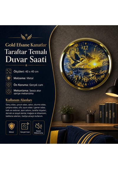 Gold Efsane Kanatlar Taraftar Temalı 40 X 40 Cm Metal Duvar Saati