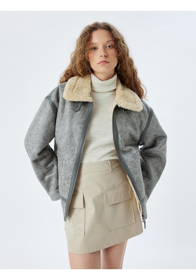 Koton Oversize Suni Deri Ceket Klasik Peluş Yaka Fermuarlı Cep Detaylı Gri 5wal20105ıw Gri