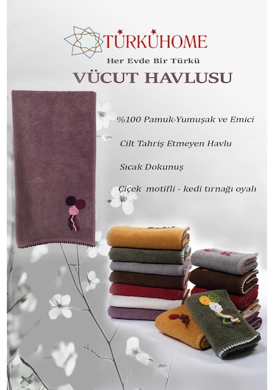 Çiçek Motifli, Kedi Tırnağı Oyalı, Yumuşak Dokulu Pamuklu Vücut Havlusu 70x130 Cm Mor