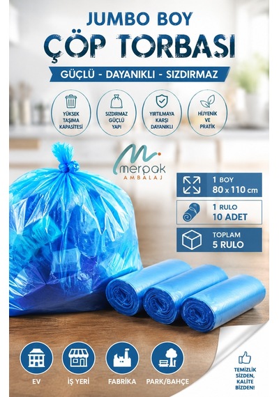 Çöp Torbası Jumbo Boy 10'lu X 5 Rulo Mavi Çöp Poşeti 80x110 Cm