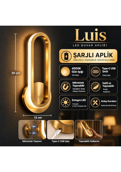 Luis Şarjlı Modern Led Duvar Apliği Günışığı Taşınabilir Usb Gold
