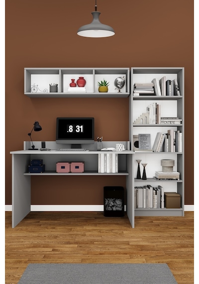 Asra Trend Çalışma Masası Seti ÇMT001 %100 MDF Kitaplıklı Raflı Ofis Takımı Kül Gri