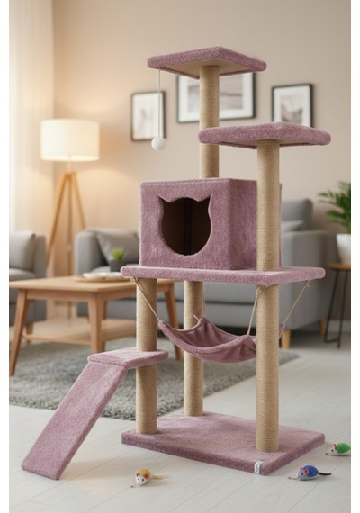 Missidea S9 Kedi Tırmalama Kulesi Platformlu 124 Cm Gül Kurusu