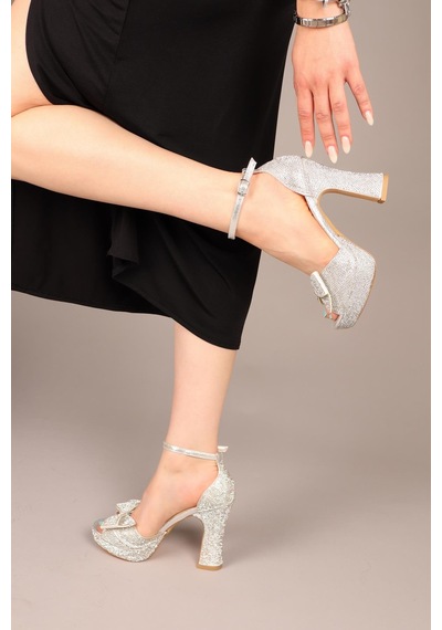 Jelly Taşlı Fiyonklu Platform Topuklu Ayakkabı Gümüş-8012 Gümüş