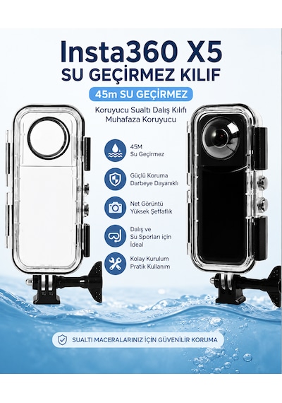 Insta360 X5 Aksiyon Kamerası İçin 45m Su Geçirmez Kılıf, Koruyucu Sualtı Dalış Kılıfı Muhafaza Koruyucu Beyaz