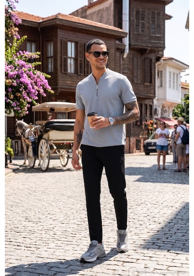 Buratti Pamuklu Regular Fit Yarım Fermuarlı Erkek T Shirt 5902653 Açık Gri