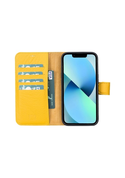 Plm Apple İphone 13 Pro Uyumlu Deri Cüzdanlı Kılıf Limon Sarı Acı Kahverengi